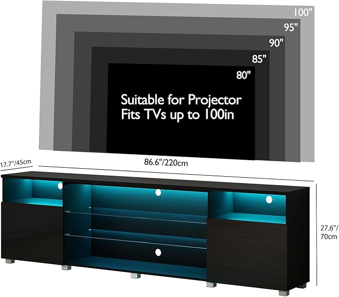 Hlivelood 86.6" Large LED TV Stand for 90/100Inch TV, High Glossy Black TV Stand for Living Room Suitable for Projector,Modern Gaming TV Entertainment Center with Adjustable Storage Shelf,TV Console - Image 2