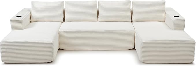 132-Inch U-Shaped Cloud Sectional Couch, Symmetrical Modular Compressed Boneless Sectional Sofa with Chaise Lounges, Plush Corduroy Boneless Corner Sofa W/Cupholders