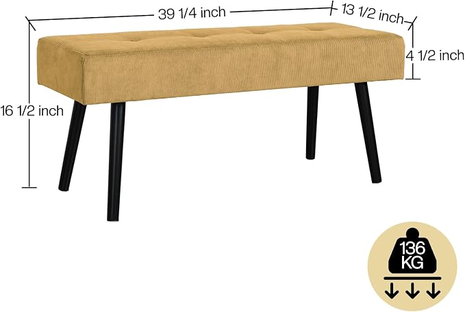 Comfy to go Entryway Bench - Bench for Bedroom, Modern Ottoman End of Bed, Corduroy Padded Benches for Living Room, Foyer, Mudroom, Hallway - 39" L x 14" W x 17" H - Image 2
