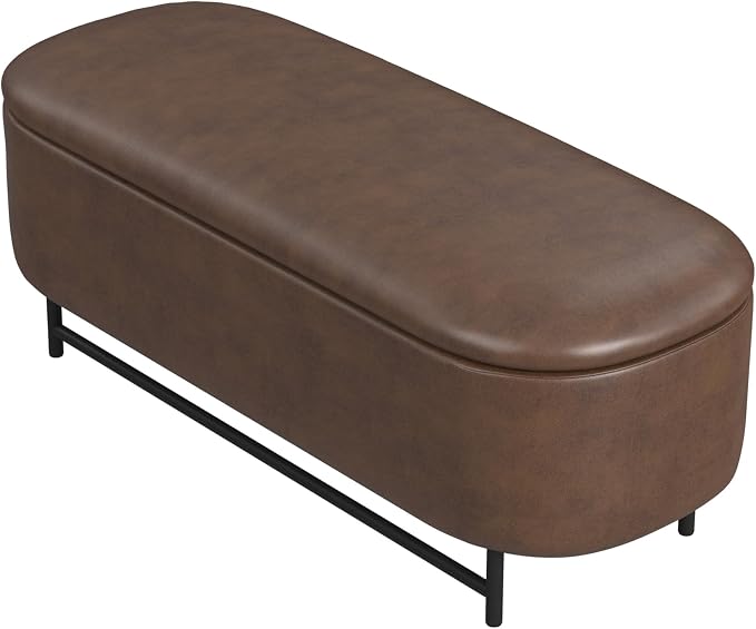 HomePop Ellipse Modern Storage Bench with Metal Legs |Homepop Home Décor|Bench with Storage for Living Room & Bedroom - Brown Faux Leather - Image 8