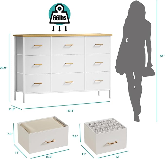 VASICAR Wide TV Stand Modern TV Console, 9 Drawers Dresser for Bedroom, Fabric Storage Cabinet, Chest of Drawers for Closet, Nursery, Living Room（Classic White） - Image 3