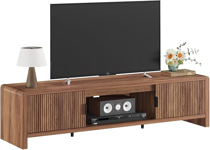 FATORRI TV Stand for 75/65/55 Inch TVs, Farmhouse Entertainment Center with Storage, Wood Waveform Fluted-Door Television Media Console for Living Room,Bedroom (63" W, Walnut) by FATORRI