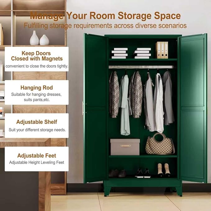 Metal Armoire Wardrobe Closet Storage Cabinet with 2 Doors Green, 71'' Wardrobe Cabinet with Hanging Rod Metal Closet with 2 Adjustable Shelves for Bedroom, Laundry Room, Cloak Room
