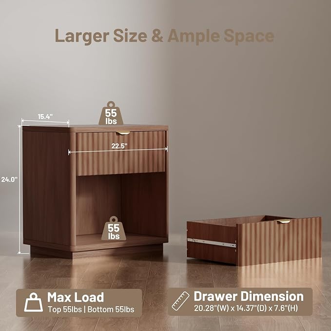 Nightstands Set of 2, Nightstand with Drawers Bedside Table End Table, Modern Fluted Nightstand Bed Side Table for Bedroom Living Room (Brown) - Image 2