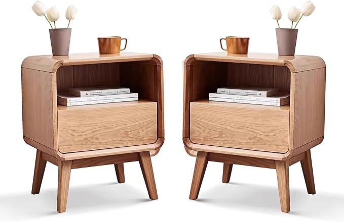 Solid Wood Nightstand Set of 2, Mid Century Modern Nightstands with Drawer, Small Nightstand with Open Storage, Small Bedside Table for Bedroom, Dormitory(Natural Wood Color) by Wayshome