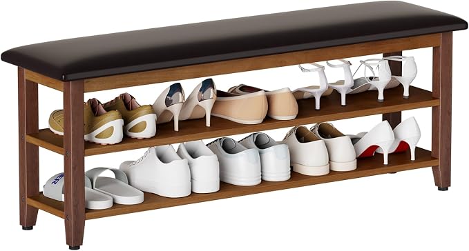 Shoe Bench with Leather Cushion,Wood Bench with Shoe Rack,2-Tier Shoe Storage Organizer for Entryway,Hallway,Living Room (Brown, 2-Tier-47.3") by Unknown