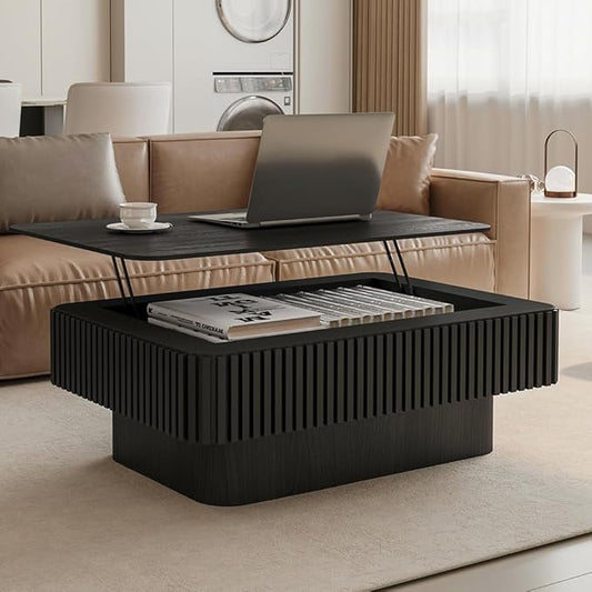 Rectangle Coffee Table with Lifting Top for Living Room Modern Coffee Table with Storage Smart Coffee Tables Lift Up Coffee Tables for Eat Fluted Pedestal Center Tables Apartment 38.6" Black