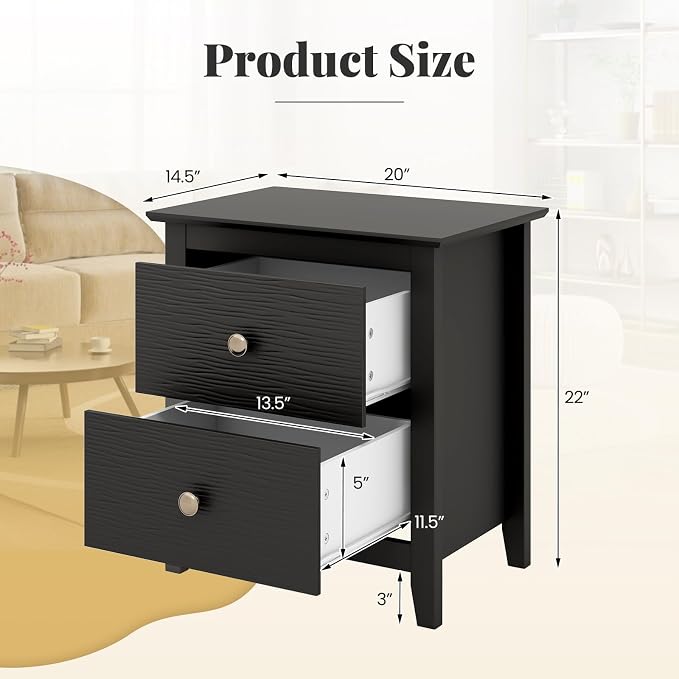 Giantex Nightstands Set of 2, Modern 2 Drawers Night Stands with Handles, Sofa Side Table with Sturdy Legs for Small Spaces, College Dorm, Kids’ Room, Wooden Bedside Tables for Bedroom, Black - Image 3