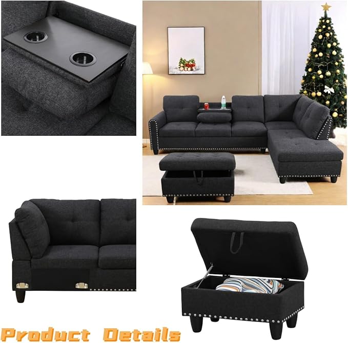 FONTOI L Shaped Sectional Couch with Otttoman, 97" Sectional Sofa for Living Room Flannel Modular Couches with Cup Holders for Bedroom, Apartments, Black Grey