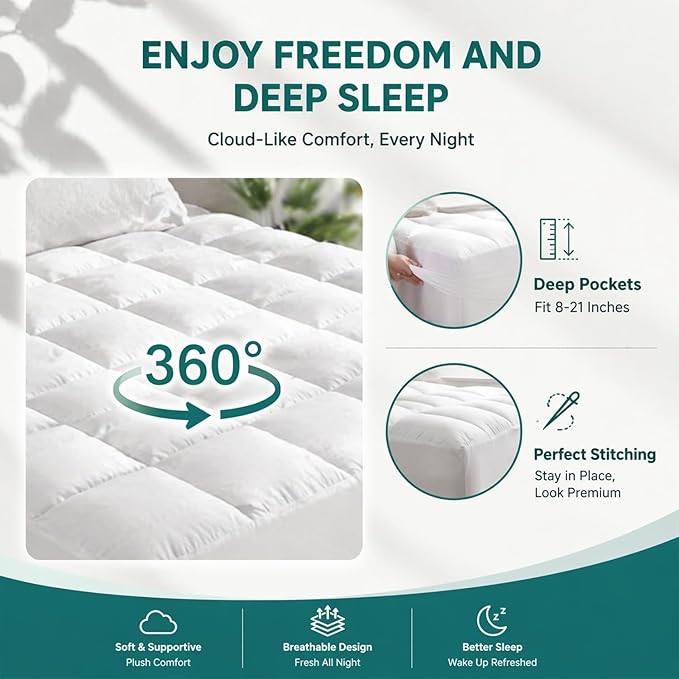 Premium Quilted 1000GSM Luxury Extra Thick Mattress Topper, King Size Cooling Mattress Pad, Overfilled Plush, Cloud-Like Comfort, Breathable, 8-21" Deep Pocket (White, Full)