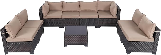 CHABATREE 9 Pieces Outdoor Patio Furniture Sets,Rattan Conversation Sectional Set,Manual Weaving Wicker Patio Sofa with Tea Table