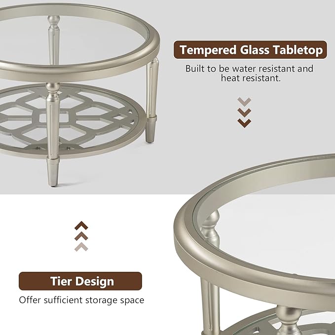 COSIEST 32" Round Glass Coffee Table with Storage, 2-Tier Modern Champagne Center Table for Living Room, Elegant Clear Glass Top Accent Table with Pine Wood Frame, Simple Home Office Furniture