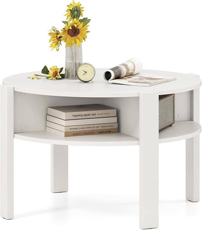 Tangkula Round Coffee Table, 29.5” 2-Tier Circle Cocktail Center Table with Storage Shelves, for Small Spaces, Living Room (White)