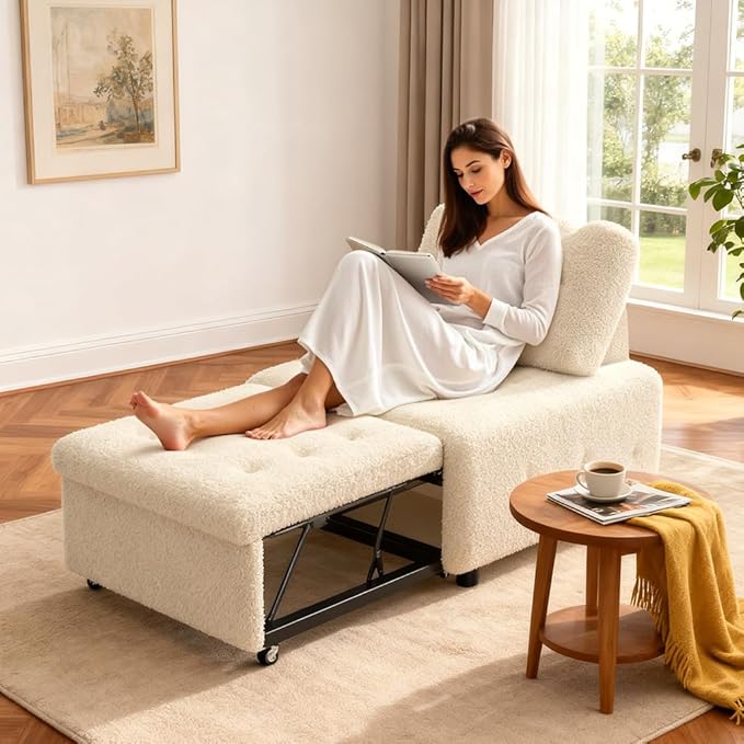 CMOHOMA Sleeper Sofa Bed,Convertible Pull Out Couch with Adjustable Backrest,Teddy Chaise Lounge Chair,Sectional Couches for Living Room,Bedroom,Apartment,Beige
