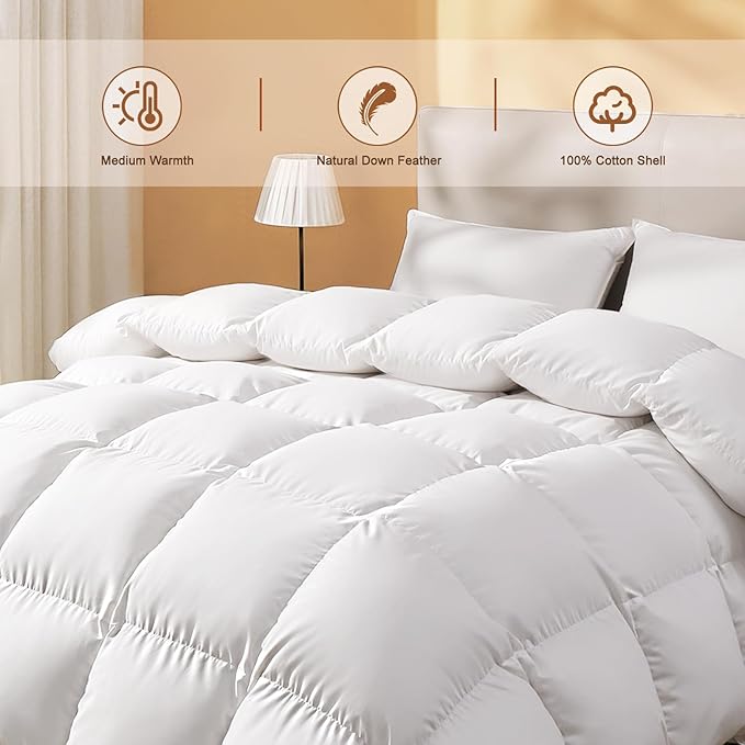 DOWNSTORIA Feather Down Fiber Comforter King Size, Ultra Soft Fabric Duvet Insert, Luxurious Hotel Collection White Bedding Comforters, All Season Medium Warmth 106 x 90 Inch.
