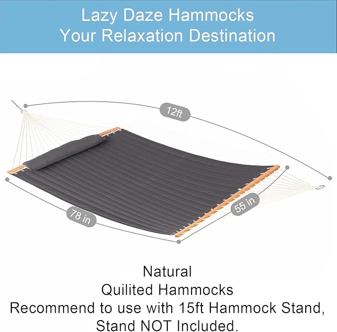 Lazy Daze Hammocks 12 FT Double Quilted Fabric Hammock with Spreader Bar and Detachable Pillow, 2 Person Double for Outside Patio Poolside Backyard Beach, 450lbs Capacity, Gray - Image 3