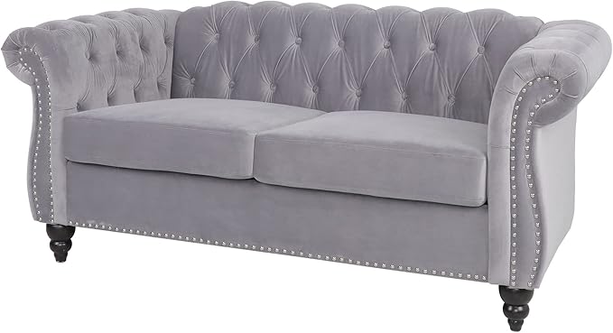 LEVNARY Velvet Sofa, Chesterfield Tufted Upholstered 2 Seater Couch, Modern Loveseat Couch Classic Furniture for Living Room Bedroom (Gray)