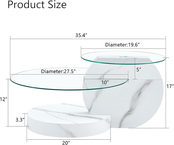 35.4" Glass Coffee Table, Round Coffee Table, 2-Tier Tempered Glass Tabletop with White Faux Marble Base, Modern Center Table for Living Room, Home, Apartment, Ideal for Small Space