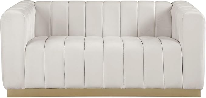 Meridian Furniture 603Cream-L Marlon Collection Modern | Contemporary Velvet Upholstered Loveseat with Deep Channlel Tufting and Brushed Gold Finish, Cream, 62.5" W x 34" D x 28" H