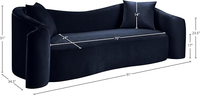 Meridian Furniture 44052Navy-S Destin Collection Modern | Contemporary Sofa with Ultra Luxe Navy 460 GSM Velvet, Rich Curves, 91" W x 34.5" D x 31" H, Navy