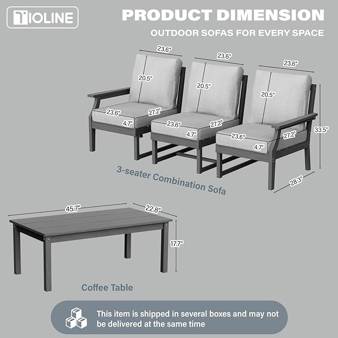 HDPE Patio Conversation Set, 4-Piece All Weather Outdoor Furniture Set with 3-Seater Modular Sofa for Deck, Lawn, with Cushion, Gray