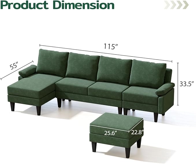 115 Inch Modular Sectional Sofa with Storage Ottoman, Modern L-Shaped Sectional Couch with Chaise, Chenille Couch for Living Room, Apartment or Small Spaces, Green