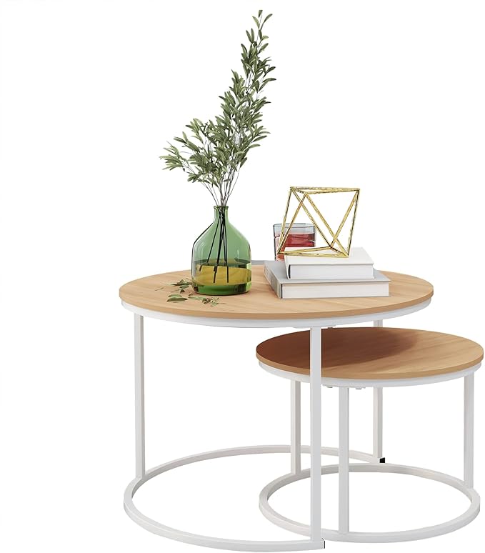 HOJINLINERO Round Coffee Table,Nesting Coffee Table Set of 2,Center Tables for Living Room,Office, Home Small Space,Stacking Side Tables,Sturdy and Easy Assembly,Wood Desktop,White+Teak OAKDK,Large