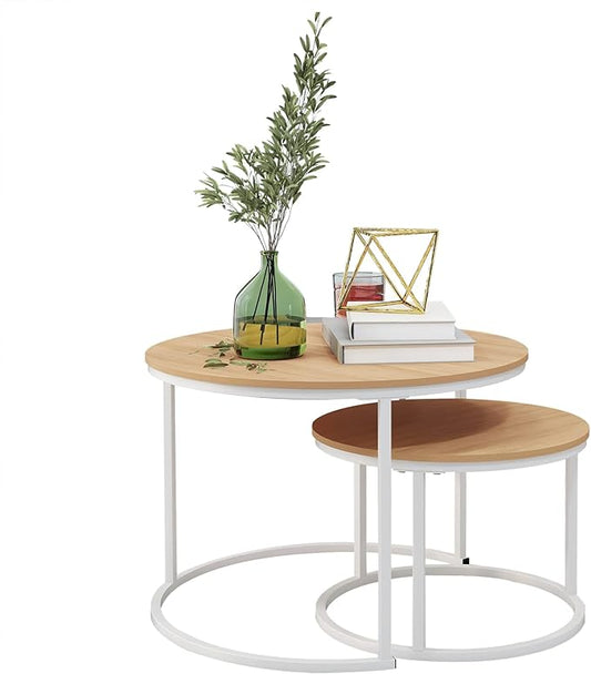 HOJINLINERO Round Coffee Table,Nesting Coffee Table Set of 2,Center Tables for Living Room,Office, Home Small Space,Stacking Side Tables,Sturdy and Easy Assembly,Wood Desktop,White+Teak OAKDK,Large