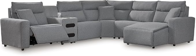 Signature Design by Ashley ModMax II Stain Resistant Contemporary U-Shaped 6-Piece Power Reclining Sectional Chaise and Audio Console, Adjustable Headrest, USB Ports, Storage and Cup Holders, Gray