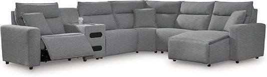 Signature Design by Ashley ModMax II Stain Resistant Contemporary U-Shaped 6-Piece Power Reclining Sectional Chaise and Audio Console, Adjustable Headrest, USB Ports, Storage and Cup Holders, Gray