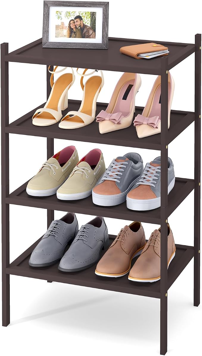 Smiry Bamboo Small Shoe Rack, 4 Tier Shoe Organizer for Entryway & Closet, Stackable Free Standing Storage Shelf for Shoes, Bags & Plants, Brown by Smiry