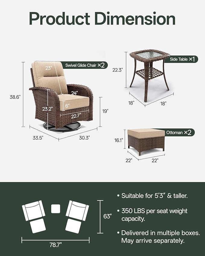 Patio Furniture Set with 6-Inch Thick Cushions, High Back Outdoor Swivel Rocker Chairs and Ottomans, 5-Piece Easy Assembly Conversation Set for Porch Deck Balcony Yard in Beige