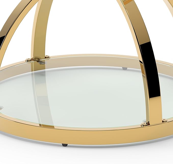 20" Tempered Glass Round Coffee Table Modern Gold Frame Dome Base Two Tiers Circle Small Living Room Center Tables