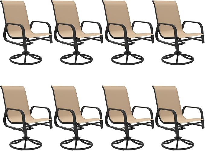MELLCOM Patio Swivel Chair Set of 8, High Back Textilene Outdoor Dining Chairs with E-Coating Metal Frame, All-Weather Outdoor Furniture Rocker for Backyard, Porch, Garden, Lawn, Beige by MELLCOM