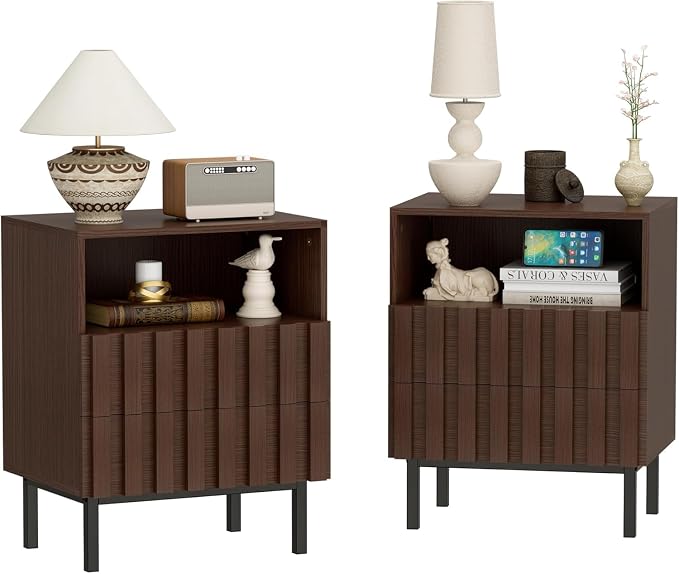 UEV Mid Century Modern Fluted Nightstand Set of 2, 2 Drawers End Table with Storage Space, Accent Solid Wood Bedside Table for Bedroom, Living Room (Brown, Set of 2) by YourHomeExcellentVendor