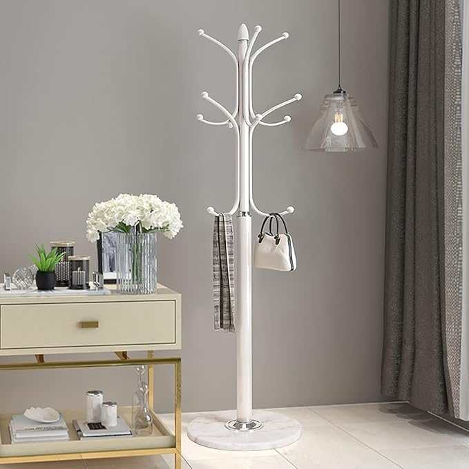Kertnic Metal Coat Rack Stand with Natural Marble Base, Free Standing Hall Tree with 12 Hooks for Hanging Scarf, Bag, Jacket, Home Entry-way Hat Hanger Organizer (White) - Image 2