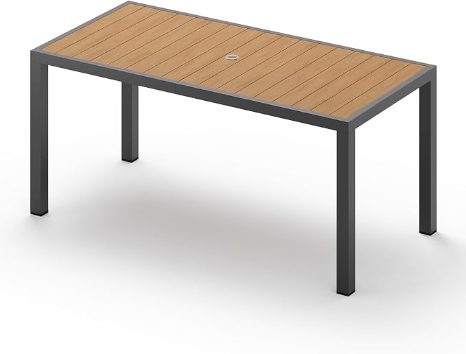 Vexwalx 67" HDPS Outdoor Patio Dining Table, Aluminum-Edged Outdoor Dining Table with Umbrella Hole, Weather-Resistant for Lawn, Garden, Poolside and Indoor Use, Gray&Teak by Vexwalx