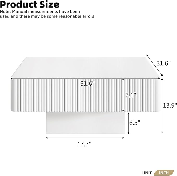 Merax Modern Square Coffee Table with Sturdy Base, Wood Minimalist Fluted Center Tables for Living Room Reception Room, Easy Assemble, White