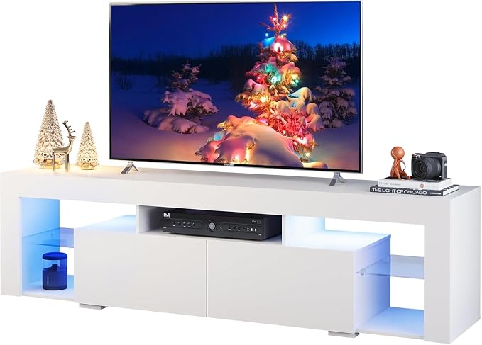 WLIVE TV Stand for 70 65 60 Inch TV, Modern Entertainment Center with LED Lights & 2 Large Storage Drawers, Wood TV Console for Living Room, Bedroom(White) by WLIVE