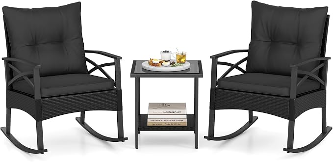 Tangkula 3 Pieces Outdoor Rocking Chairs Set, Rattan Heavy Duty Cushioned Rocker Chairs with 2-Tier Tempered Glass Coffee Table, for Garden, Balcony, Backyard (Black+Gray) by TANGKULA
