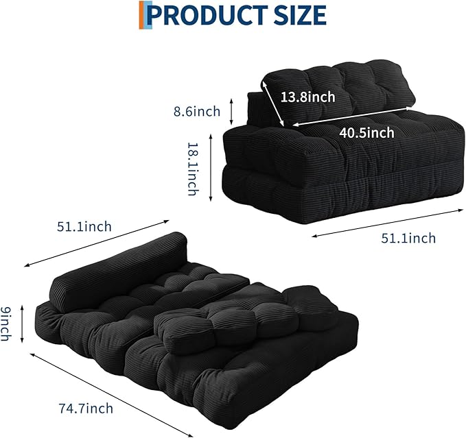 Folding Sofa Bed with Back Support, Convertible Sleeper Chair with Pilow Foldable Matress, Portable Fold Out Chair Bed Comfy Floor Sofa Lounge for Living Room Bedroom, Black, Double