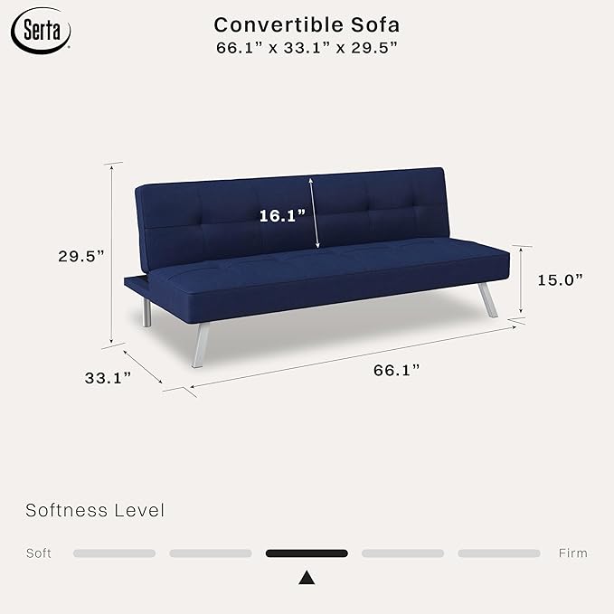 Serta® Rane Futon Sofa Bed 66.1", 3-in-1 Convertible Couch Sleeper for Small Spaces, Tufted Back, Twin Size Guest Bed, Blue Woven Fabric