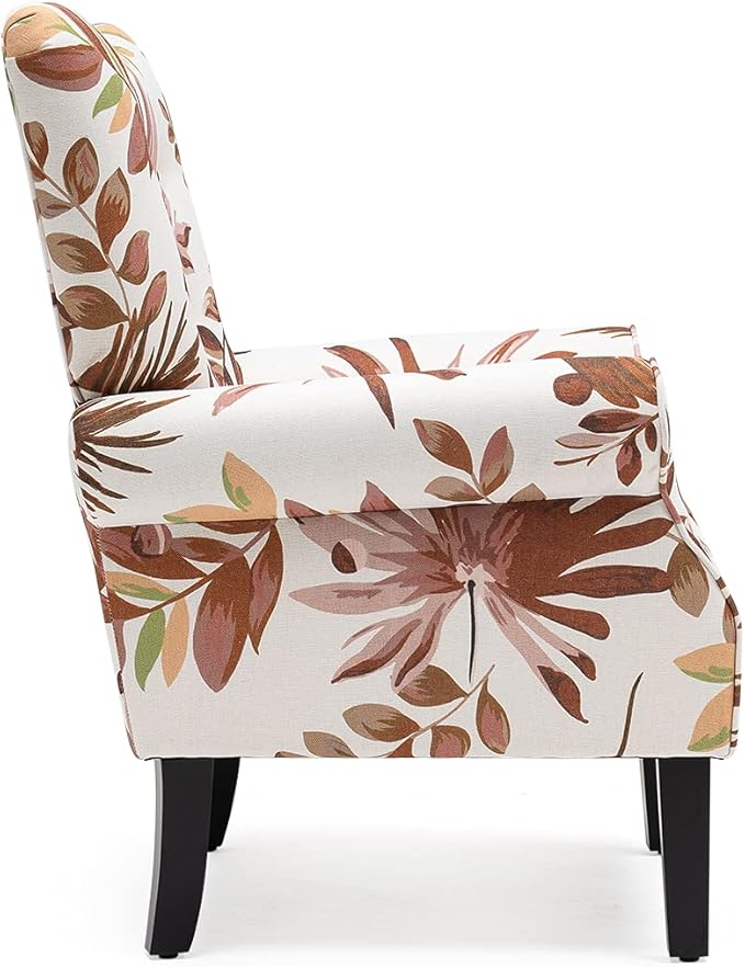 YOLENY Mid Century Wingback Arm Chair,Modern Upholstered Fabric High Back Accent Chair with Wood Legs,Upholstered Single Sofa Club Chair for Living Room, Bedroom, Home Office,Red Leaves