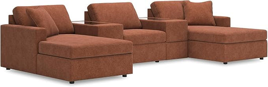 Signature Design by Ashley Contemporary Modmax Stain Resistant U-Shape Symmetrical 5-Piece Pit Sectional with Storage Consoles and Reversible Cushion, Orange