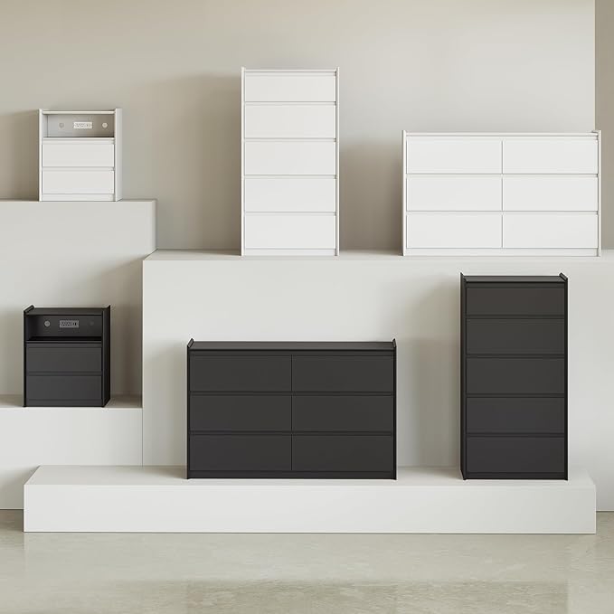Modern 3PCS Bedroom Furniture Set with 6-Drawer Storage Dresser and 2 Nightstands, Raised Edge, USB & Type-C Ports, AC Outlets, and Open Shelf for Bedroom or Apartments, Black