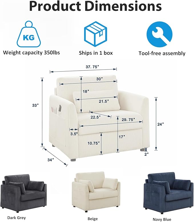 3 Pieces Corduroy Living Room Sofa Sets, 3-Seater Couch with Set of 2 Reading Armchairs, Comfy Pillows and Storage Pockets, Modern Living Room Furniture Sets for Apartment, Small Spaces, Grey