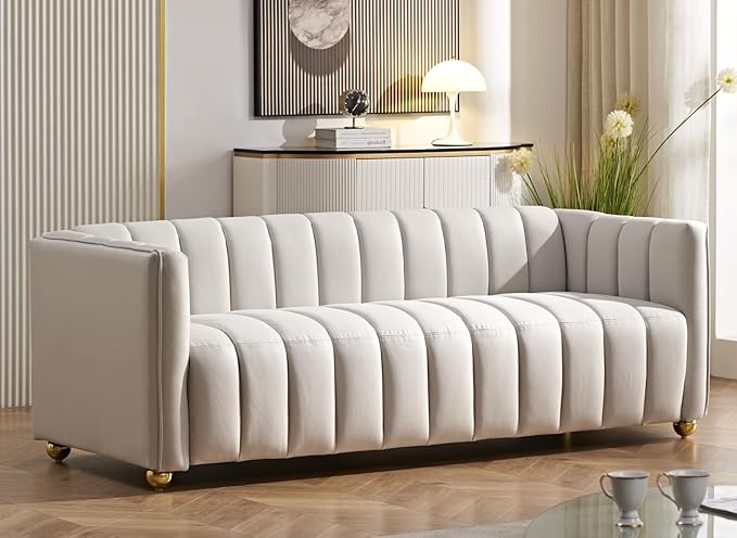 Direct Glam Fabric Upholstered Solid Wood Frame 82.7" Art Deco Sofa for Living Room, Office, Sophisticated 3 Seater Couch, Ivory