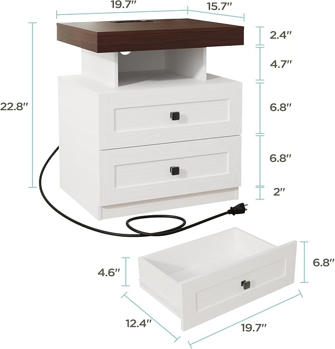 MHOM Farmhouse LED Nightstand with Charging Station, Bedroom Side Table with Drawers, Rustic End Table for Bedroom, Antique White - Image 2