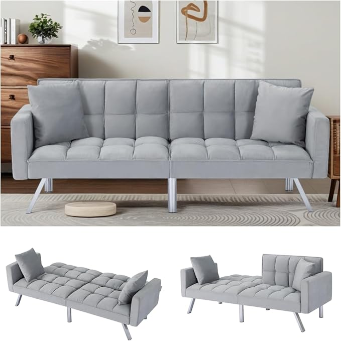 Futon Sofa Bed, 74 Inch Convertible Sofa Couch with Adjustable Backrest and Pillows, Sleeper Couch Bed with Velvet Upholstery, Square Tufted Design for Living Room Home Office, Light Gray