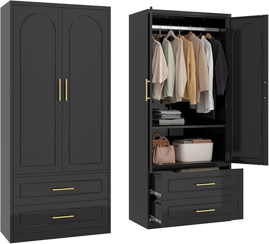 SteeLoong Metal Armoire Wardrobe Closet with 2 Drawer,71Inch Black Clothing Storage Cabinets with Hanging Rod, for Bedroom Home Office